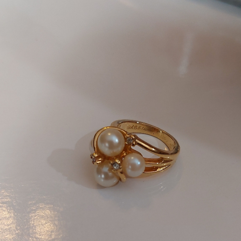 Gold Pearl Cluster Ring with Clear Accents - Picture 3 of 8
